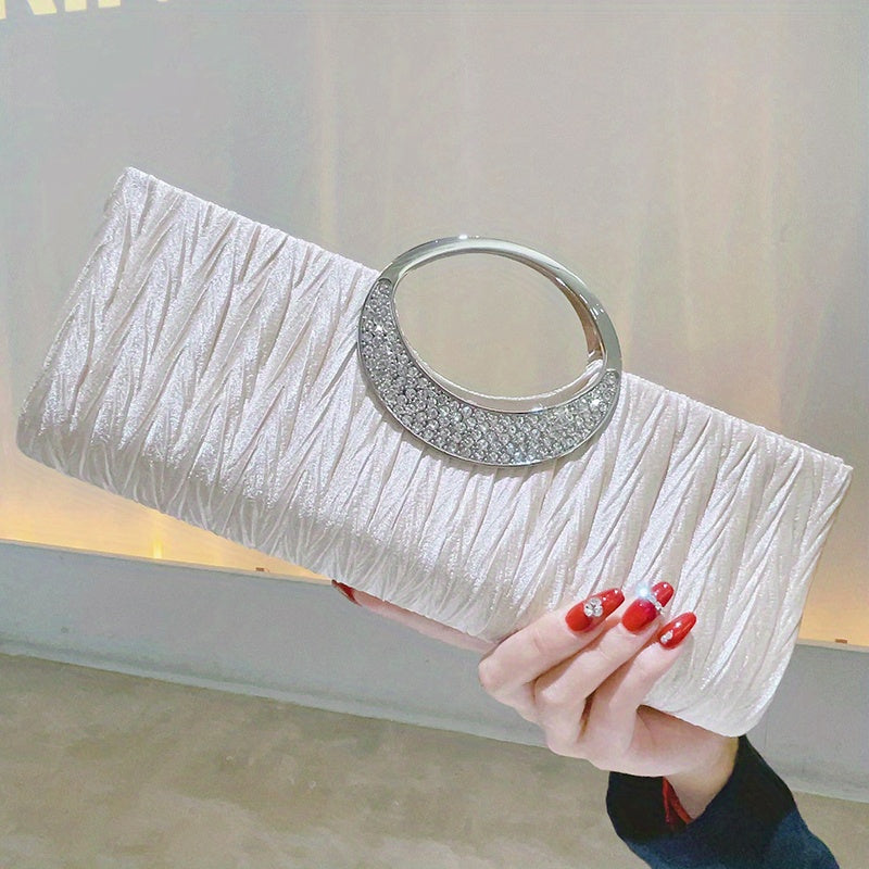 Ruched Satin Evening Bag, Elegant Clutch Purse For Women, Rhinestone Decor Handbags For Party Wedding Prom