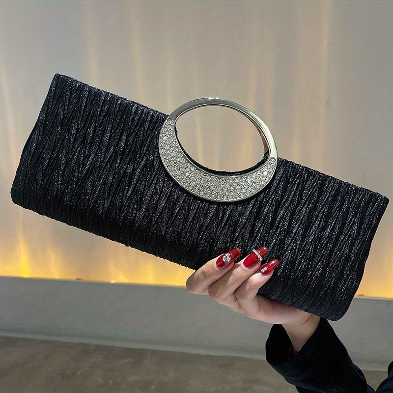 Ruched Satin Evening Bag, Elegant Clutch Purse For Women, Rhinestone Decor Handbags For Party Wedding Prom