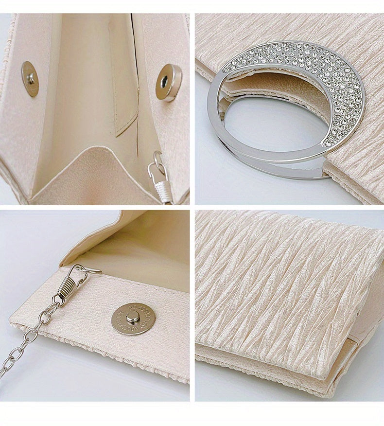 Ruched Satin Evening Bag, Elegant Clutch Purse For Women, Rhinestone Decor Handbags For Party Wedding Prom