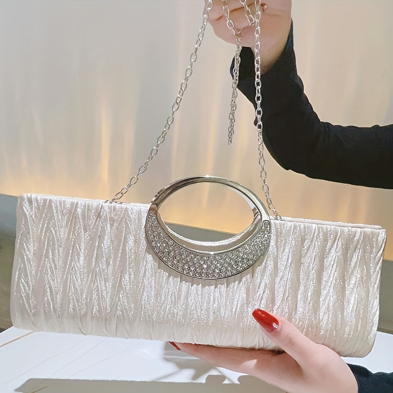 Ruched Satin Evening Bag, Elegant Clutch Purse For Women, Rhinestone Decor Handbags For Party Wedding Prom