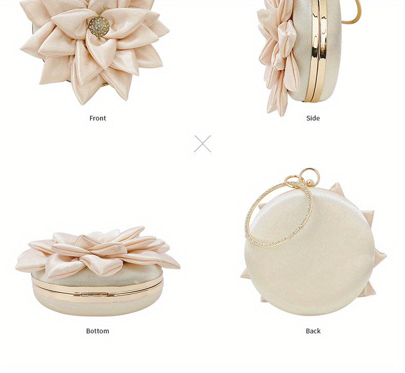 3D Flower Round Evening Bag, Satin Clutch Wedding Purse, Glitter Top Ring Handbag For Party Banquet for Carnaval Music Festival