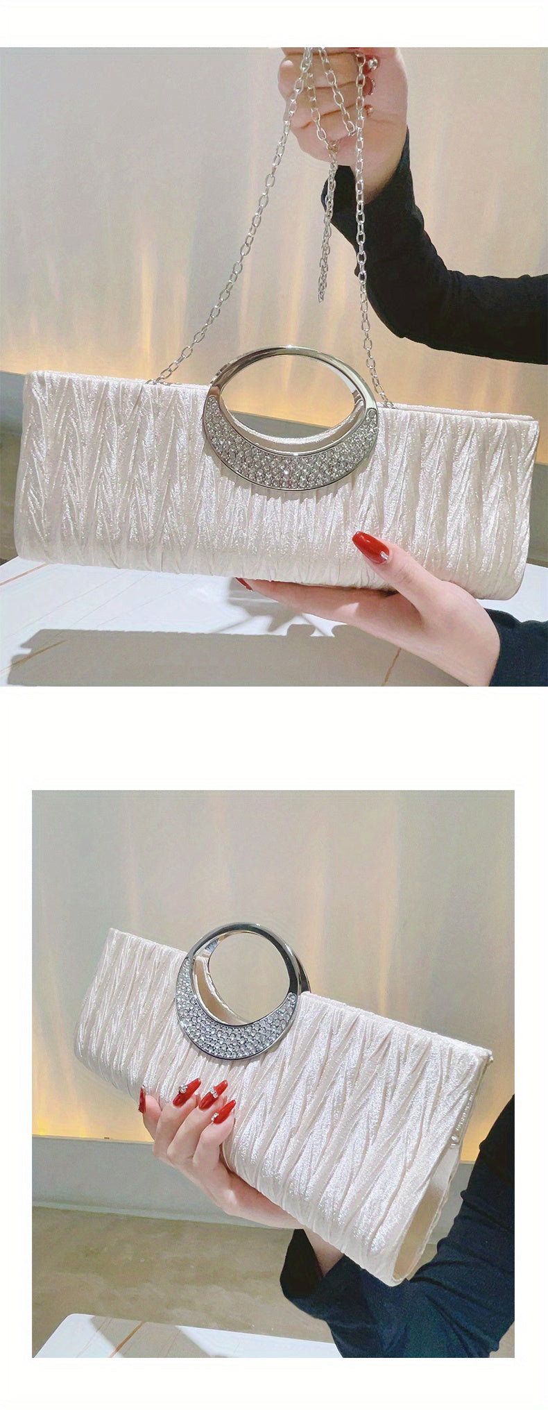 Ruched Satin Evening Bag, Elegant Clutch Purse For Women, Rhinestone Decor Handbags For Party Wedding Prom
