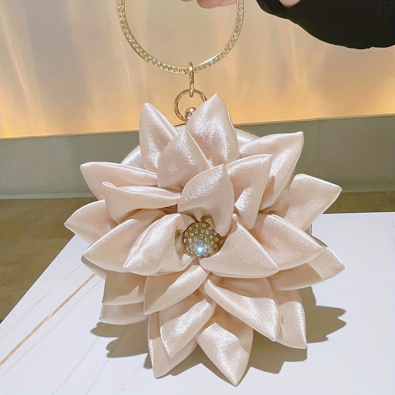 3D Flower Round Evening Bag, Satin Clutch Wedding Purse, Glitter Top Ring Handbag For Party Banquet for Carnaval Music Festival