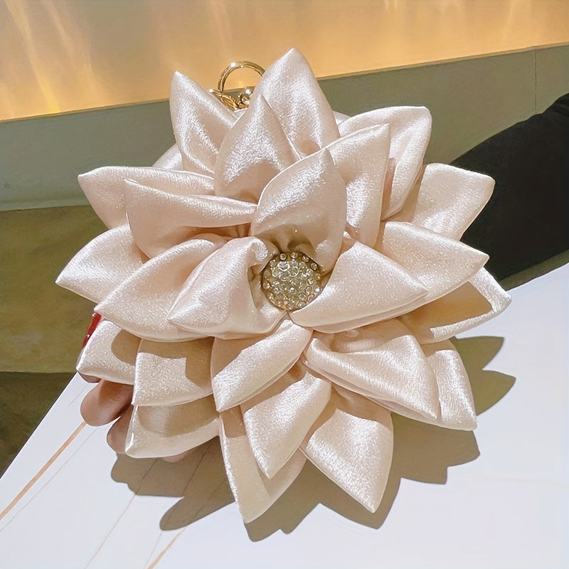 3D Flower Round Evening Bag, Satin Clutch Wedding Purse, Glitter Top Ring Handbag For Party Banquet for Carnaval Music Festival