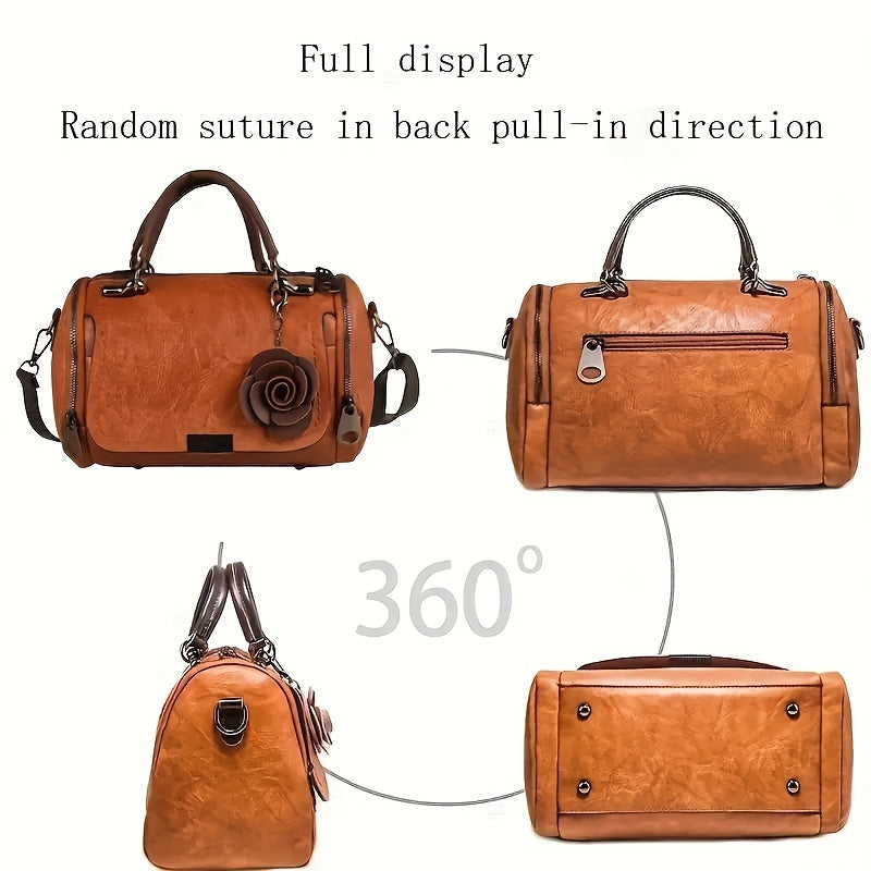 [Flower Boston Handbag] Flower Pendant Boston Handbag | Women's Solid Color Zippered Satchel, Polyester Lined, Painted Edges, Messenger Bag for Occasions