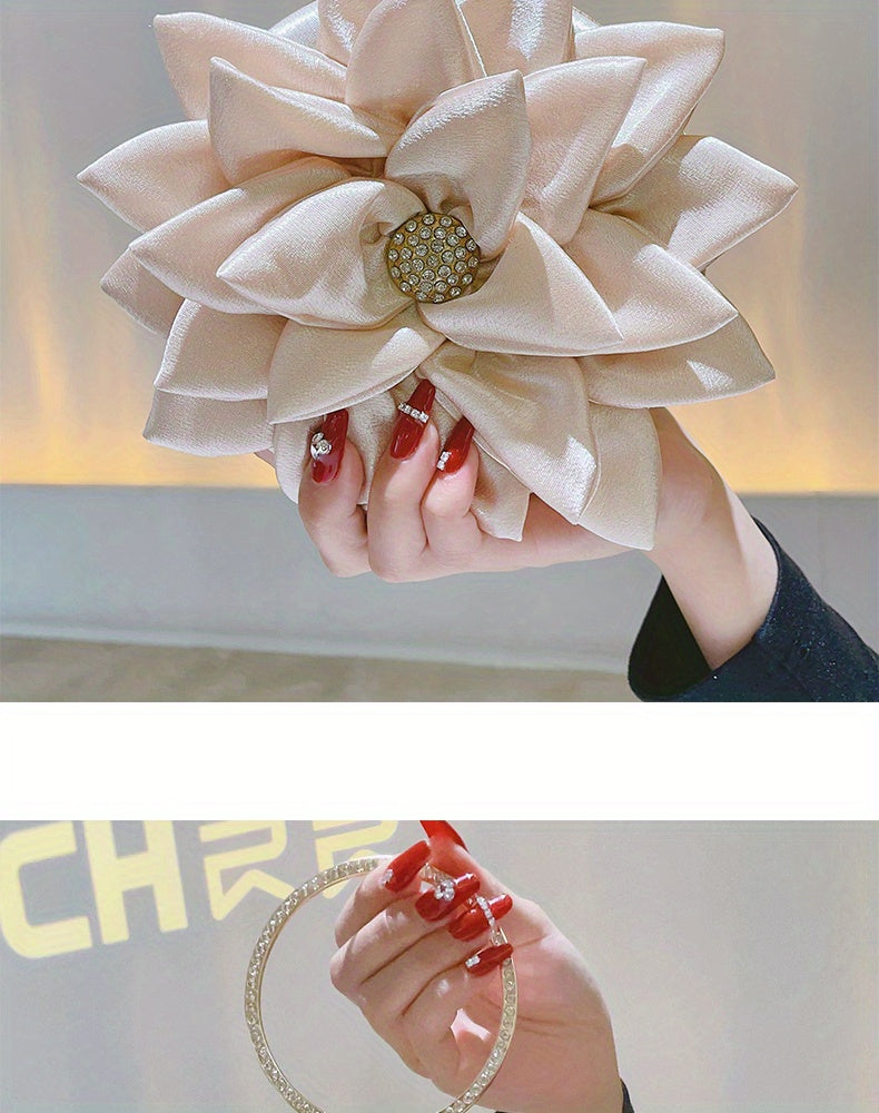 3D Flower Round Evening Bag, Satin Clutch Wedding Purse, Glitter Top Ring Handbag For Party Banquet for Carnaval Music Festival