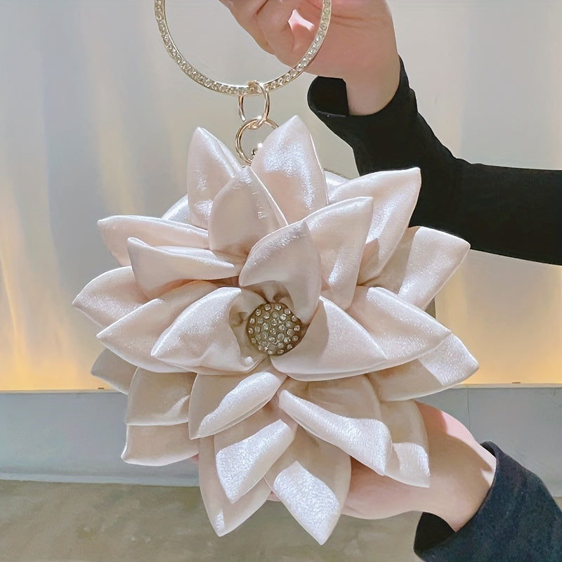 3D Flower Round Evening Bag, Satin Clutch Wedding Purse, Glitter Top Ring Handbag For Party Banquet for Carnaval Music Festival