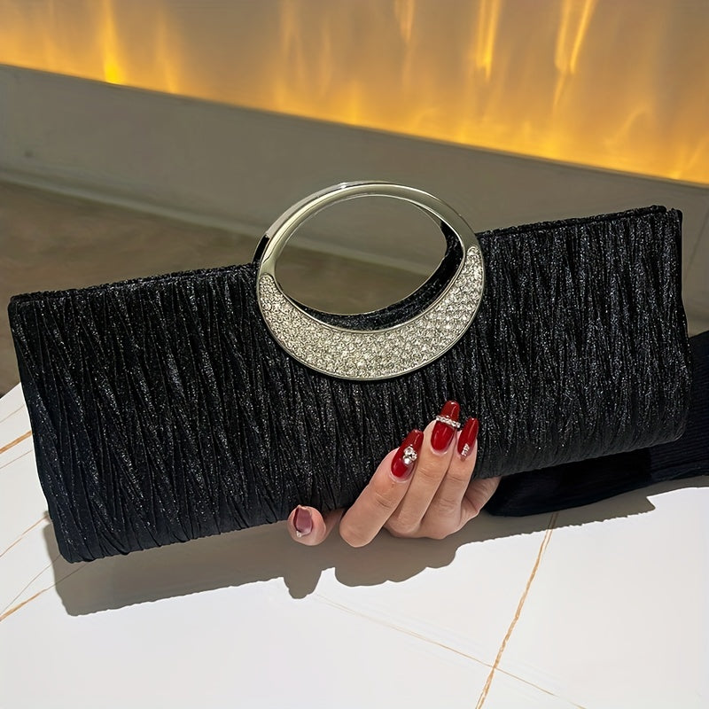 Ruched Satin Evening Bag, Elegant Clutch Purse For Women, Rhinestone Decor Handbags For Party Wedding Prom