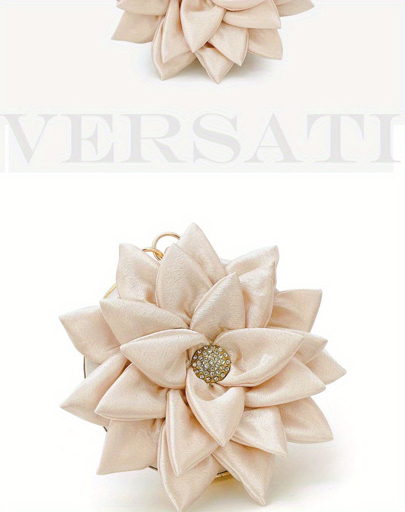 3D Flower Round Evening Bag, Satin Clutch Wedding Purse, Glitter Top Ring Handbag For Party Banquet for Carnaval Music Festival