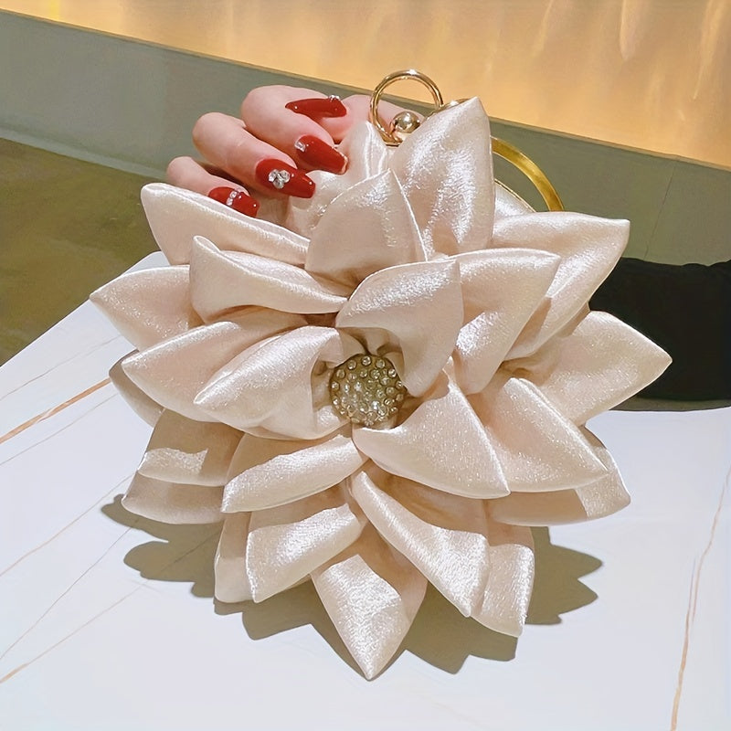 3D Flower Round Evening Bag, Satin Clutch Wedding Purse, Glitter Top Ring Handbag For Party Banquet for Carnaval Music Festival