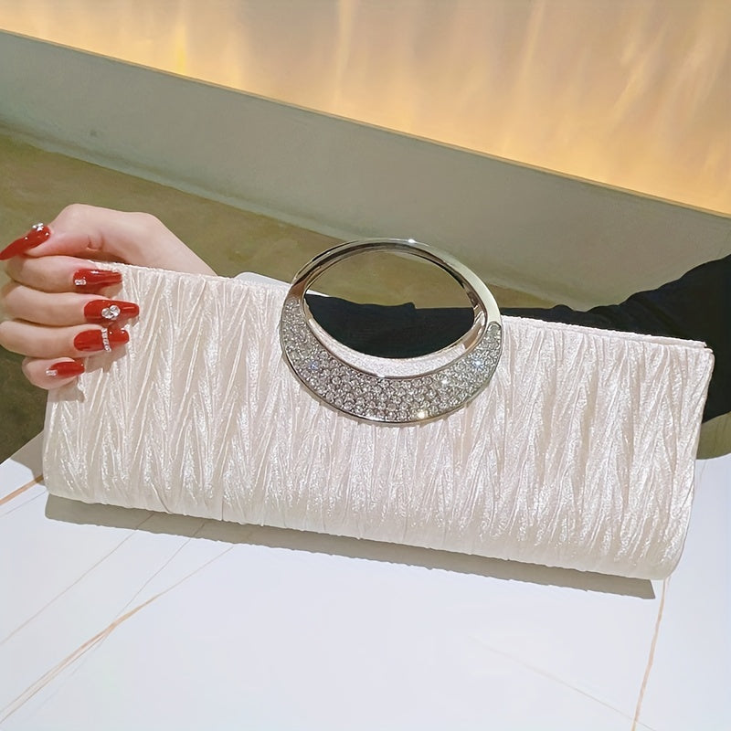 Ruched Satin Evening Bag, Elegant Clutch Purse For Women, Rhinestone Decor Handbags For Party Wedding Prom
