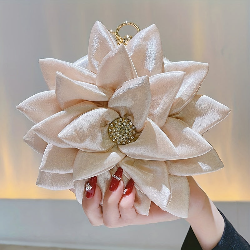 3D Flower Round Evening Bag, Satin Clutch Wedding Purse, Glitter Top Ring Handbag For Party Banquet for Carnaval Music Festival
