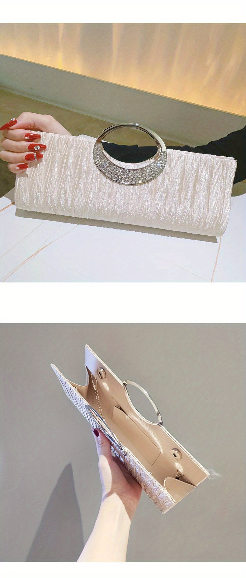 Ruched Satin Evening Bag, Elegant Clutch Purse For Women, Rhinestone Decor Handbags For Party Wedding Prom