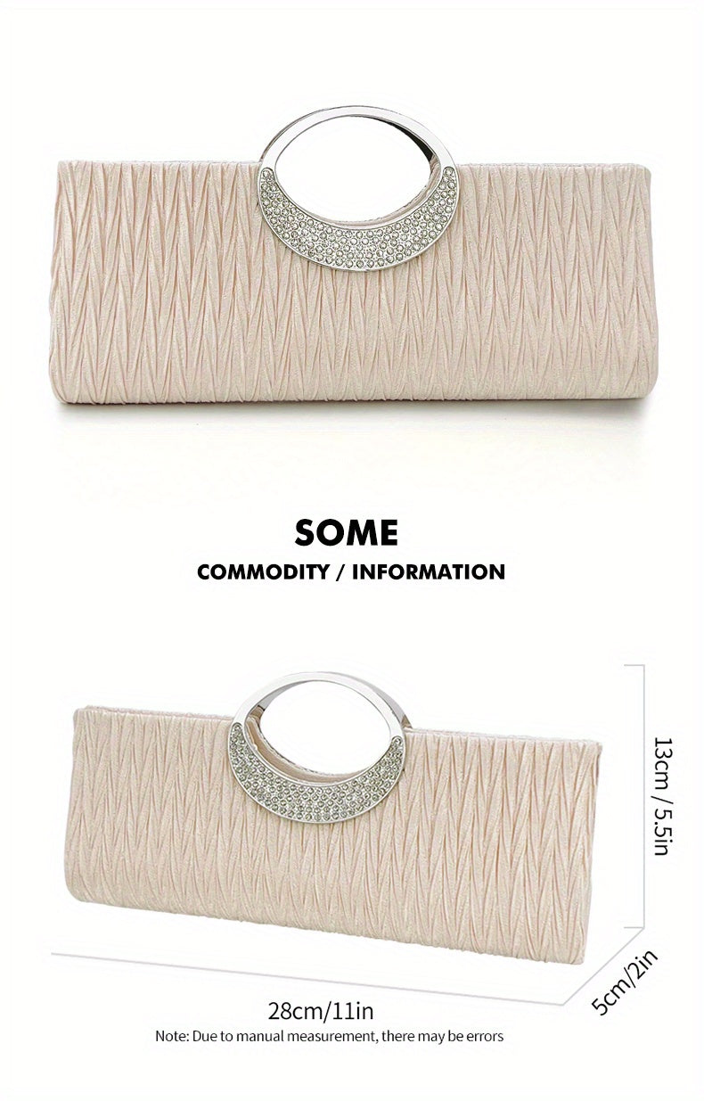 Ruched Satin Evening Bag, Elegant Clutch Purse For Women, Rhinestone Decor Handbags For Party Wedding Prom