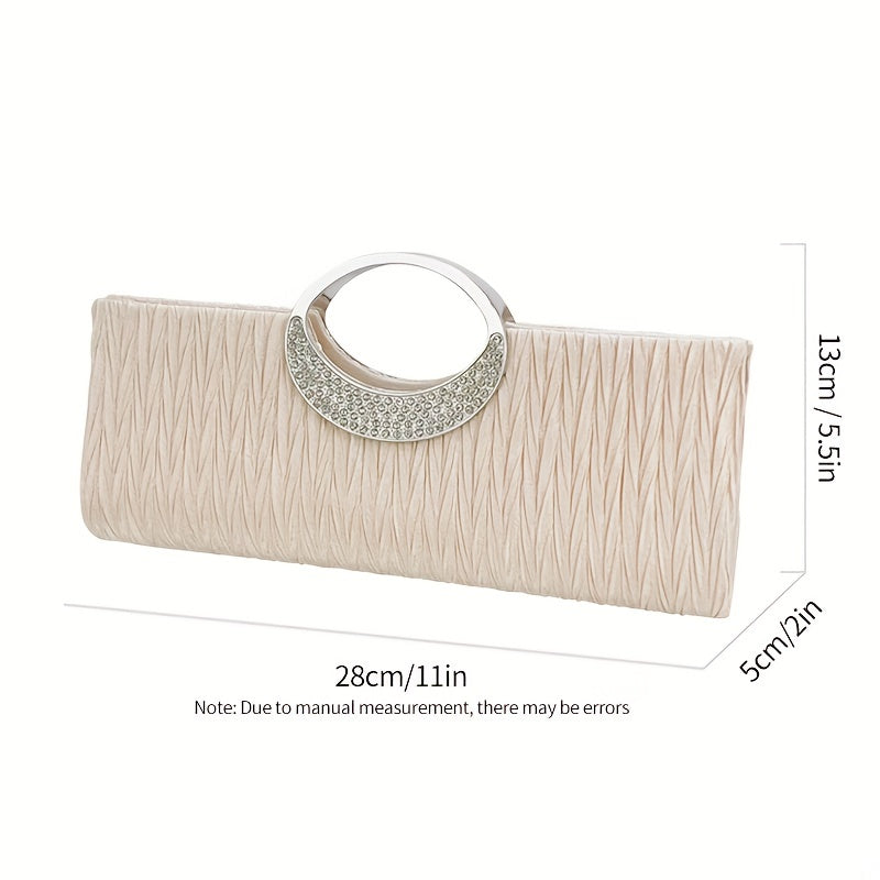 Ruched Satin Evening Bag, Elegant Clutch Purse For Women, Rhinestone Decor Handbags For Party Wedding Prom