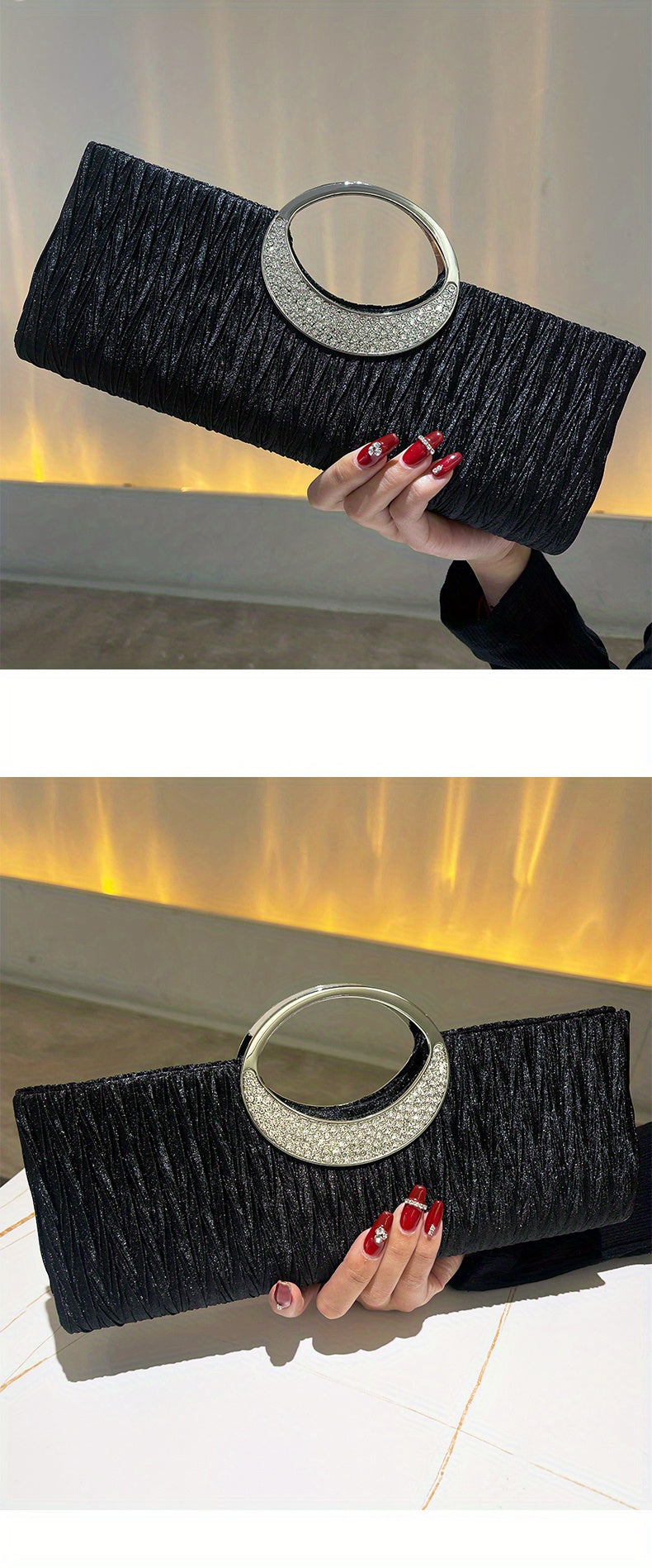 Ruched Satin Evening Bag, Elegant Clutch Purse For Women, Rhinestone Decor Handbags For Party Wedding Prom