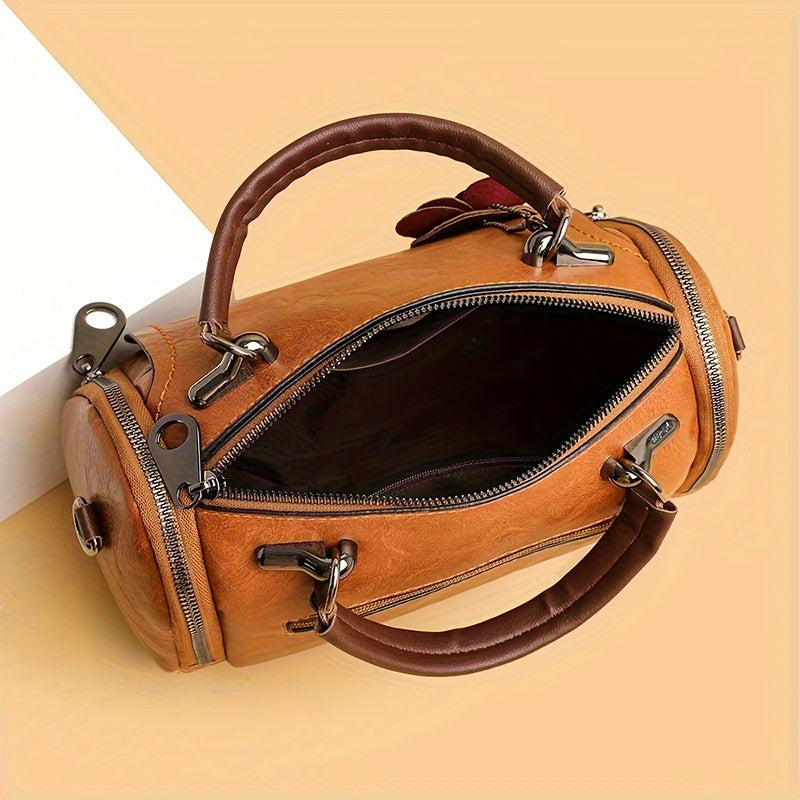 [Flower Boston Handbag] Flower Pendant Boston Handbag | Women's Solid Color Zippered Satchel, Polyester Lined, Painted Edges, Messenger Bag for Occasions
