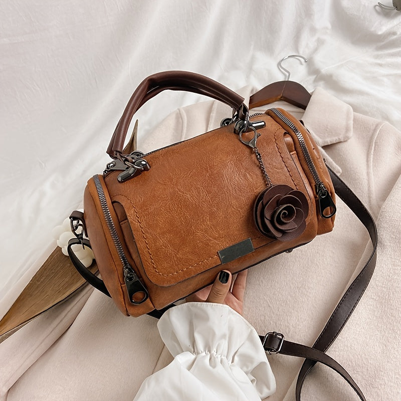 [Flower Boston Handbag] Flower Pendant Boston Handbag | Women's Solid Color Zippered Satchel, Polyester Lined, Painted Edges, Messenger Bag for Occasions
