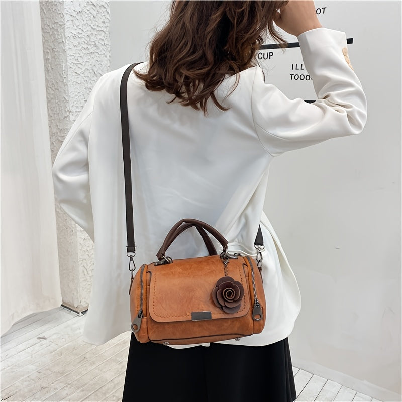[Flower Boston Handbag] Flower Pendant Boston Handbag | Women's Solid Color Zippered Satchel, Polyester Lined, Painted Edges, Messenger Bag for Occasions