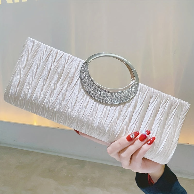 Ruched Satin Evening Bag, Elegant Clutch Purse For Women, Rhinestone Decor Handbags For Party Wedding Prom
