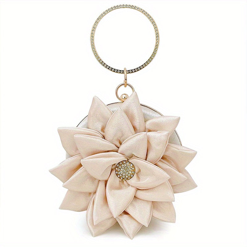 3D Flower Round Evening Bag, Satin Clutch Wedding Purse, Glitter Top Ring Handbag For Party Banquet for Carnaval Music Festival