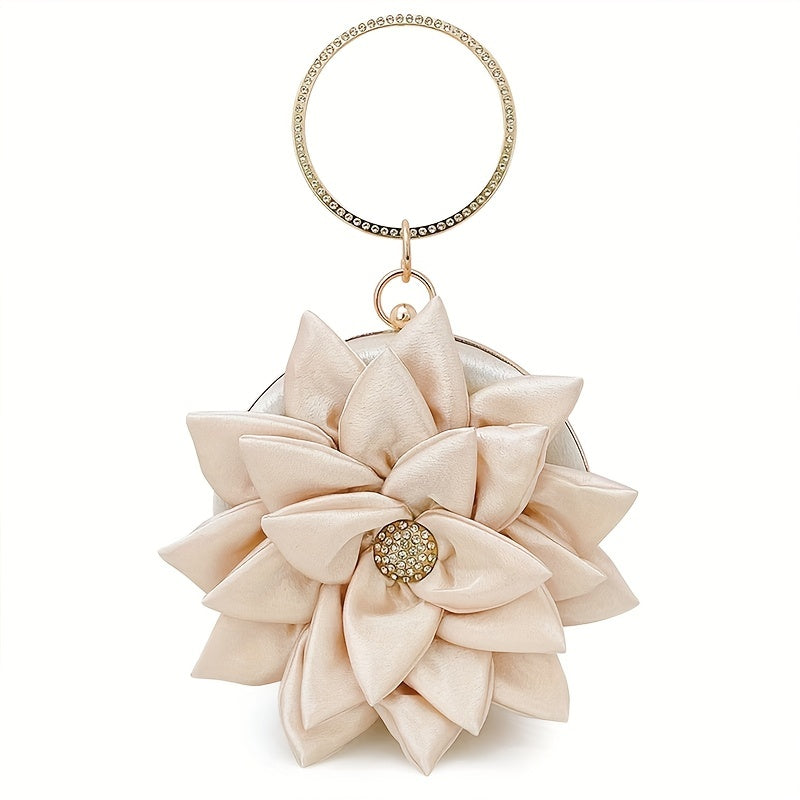 3D Flower Round Evening Bag, Satin Clutch Wedding Purse, Glitter Top Ring Handbag For Party Banquet for Carnaval Music Festival