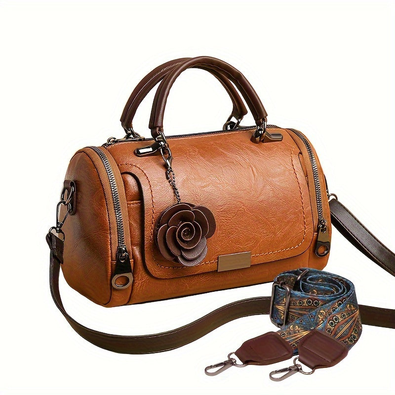 [Flower Boston Handbag] Flower Pendant Boston Handbag | Women's Solid Color Zippered Satchel, Polyester Lined, Painted Edges, Messenger Bag for Occasions