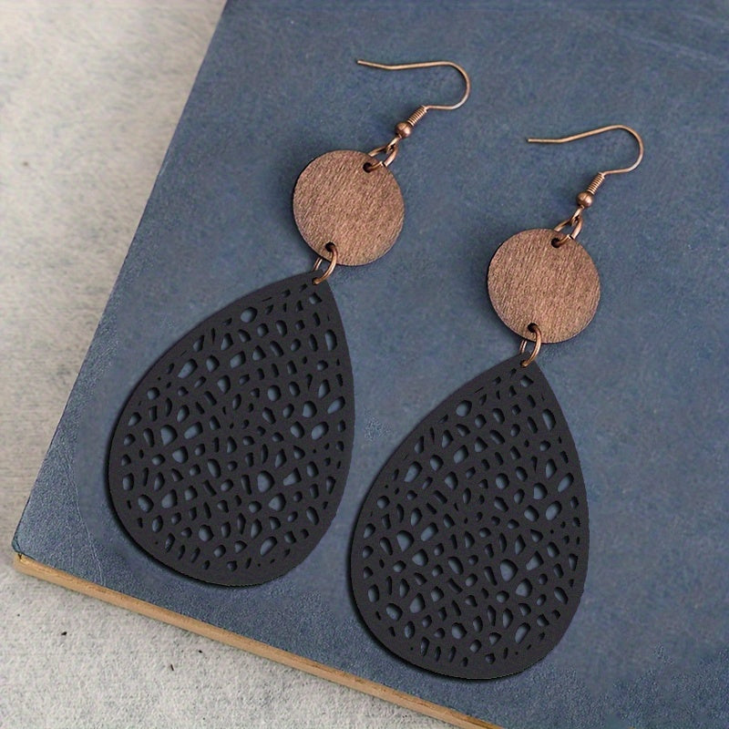 Vintage Hollow Leaf Shape PU Leather Earrings Jewelry Gift For Party Vacation Decor Accessories Fall Winter Ear Ornaments