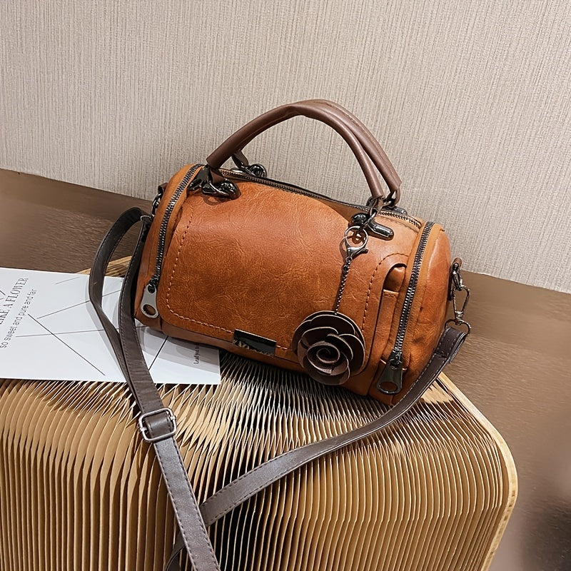 [Flower Boston Handbag] Flower Pendant Boston Handbag | Women's Solid Color Zippered Satchel, Polyester Lined, Painted Edges, Messenger Bag for Occasions