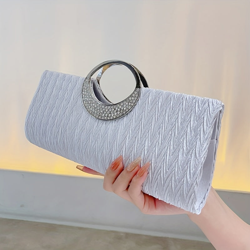 Ruched Satin Evening Bag, Elegant Clutch Purse For Women, Rhinestone Decor Handbags For Party Wedding Prom
