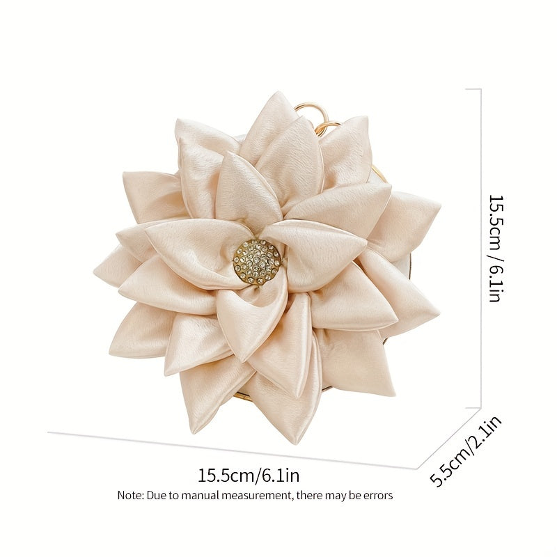 3D Flower Round Evening Bag, Satin Clutch Wedding Purse, Glitter Top Ring Handbag For Party Banquet for Carnaval Music Festival