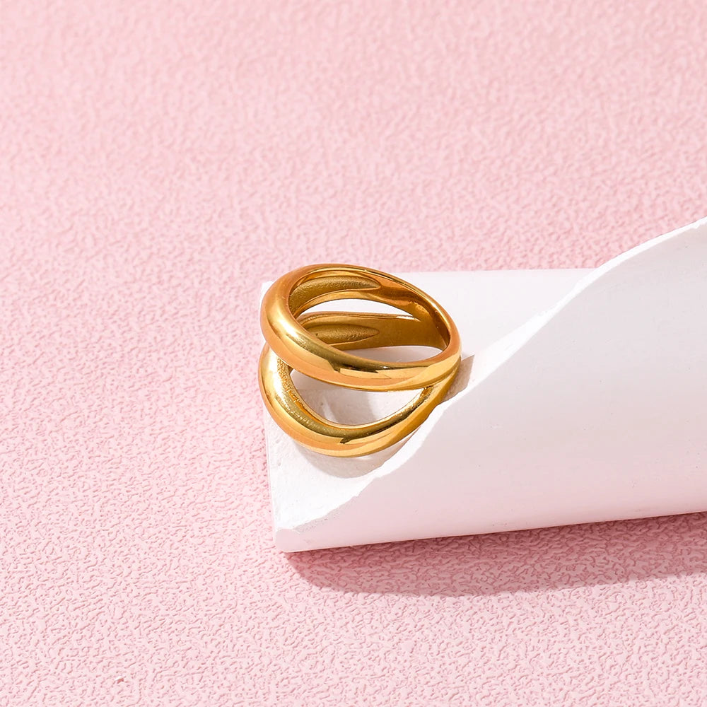 High End 18K Plain Gold Irregular Double Cabochon Ring Stainless Steel Trendy Simple Gold Plated Jewelry