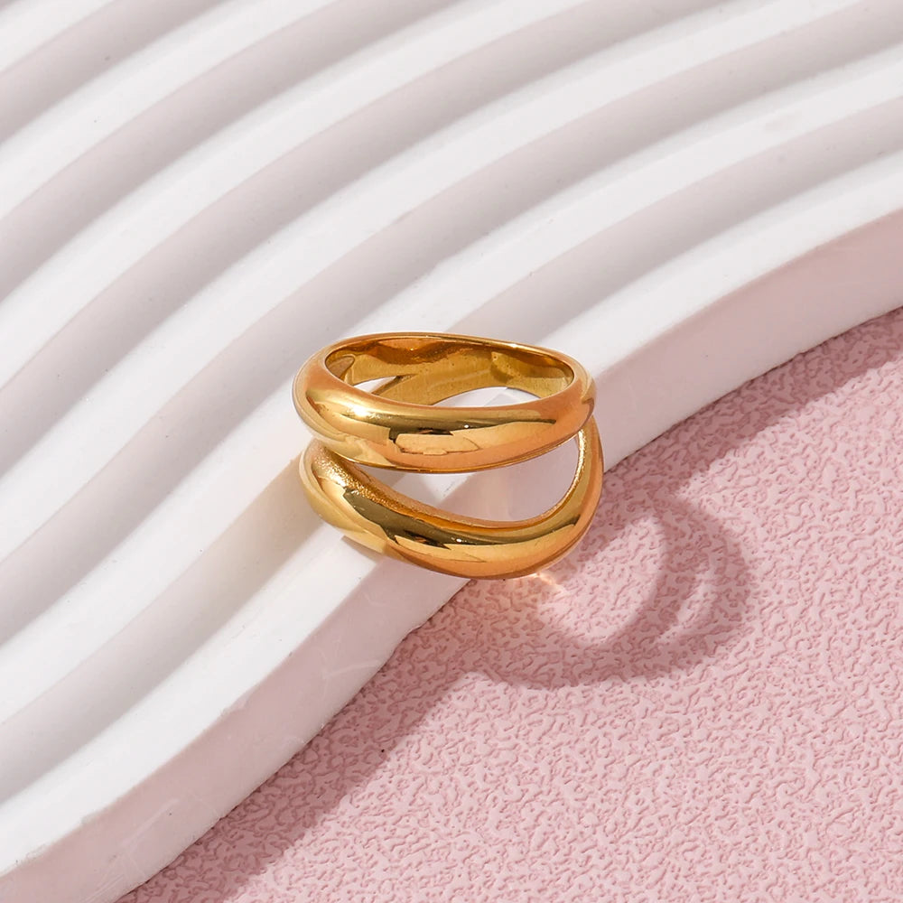 High End 18K Plain Gold Irregular Double Cabochon Ring Stainless Steel Trendy Simple Gold Plated Jewelry