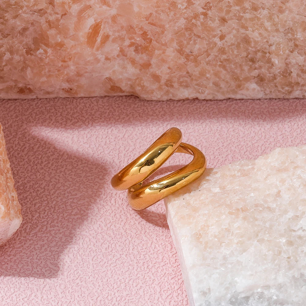 High End 18K Plain Gold Irregular Double Cabochon Ring Stainless Steel Trendy Simple Gold Plated Jewelry