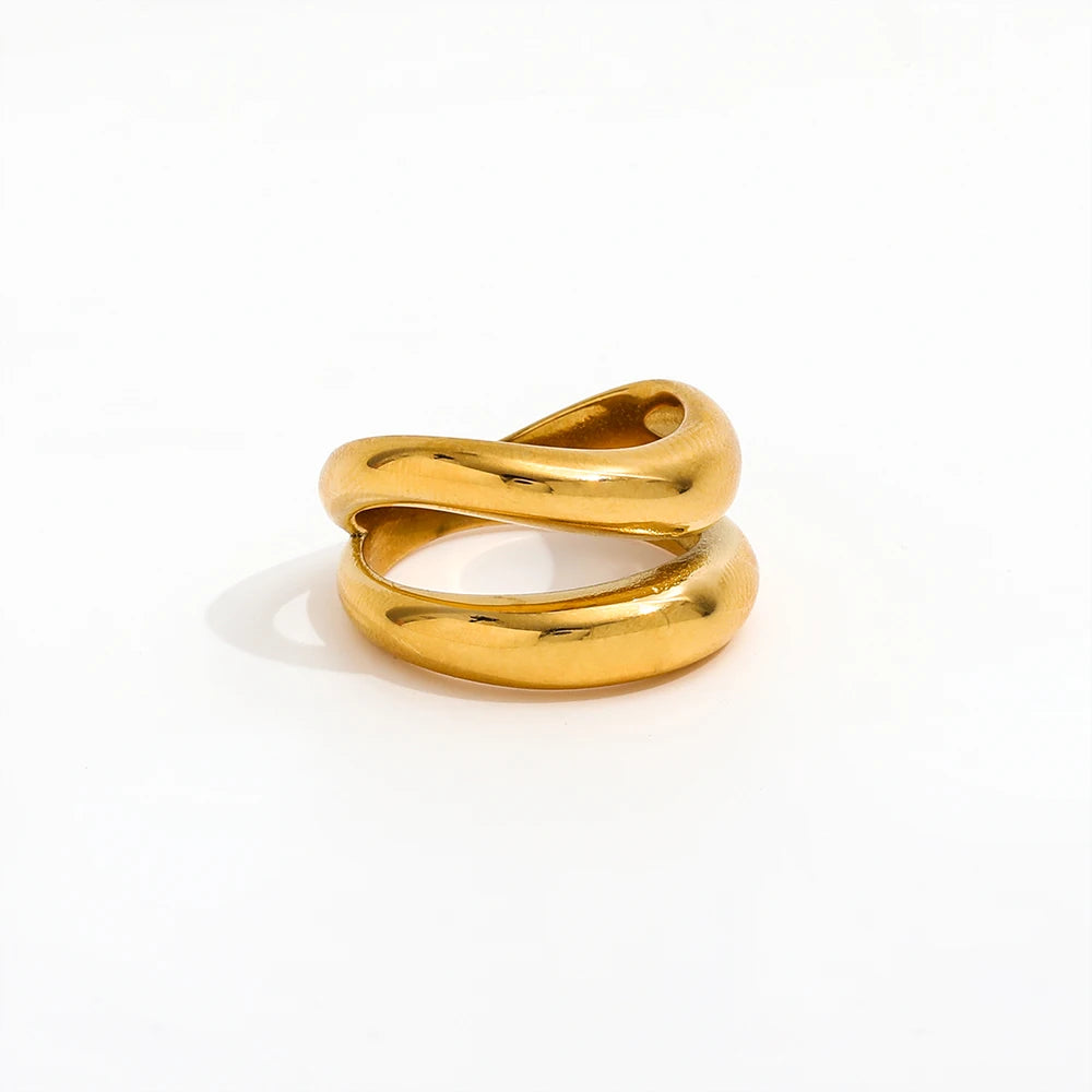High End 18K Plain Gold Irregular Double Cabochon Ring Stainless Steel Trendy Simple Gold Plated Jewelry