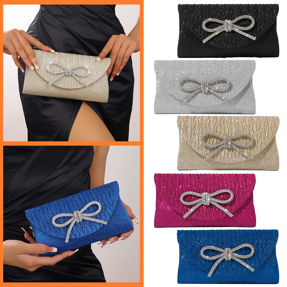 Women Elegant Evening Handbag Shiny Crystal Bow Flap Clutch Purse Envelope Dinner Evening Clutch Bags Wedding Party Prom Purse