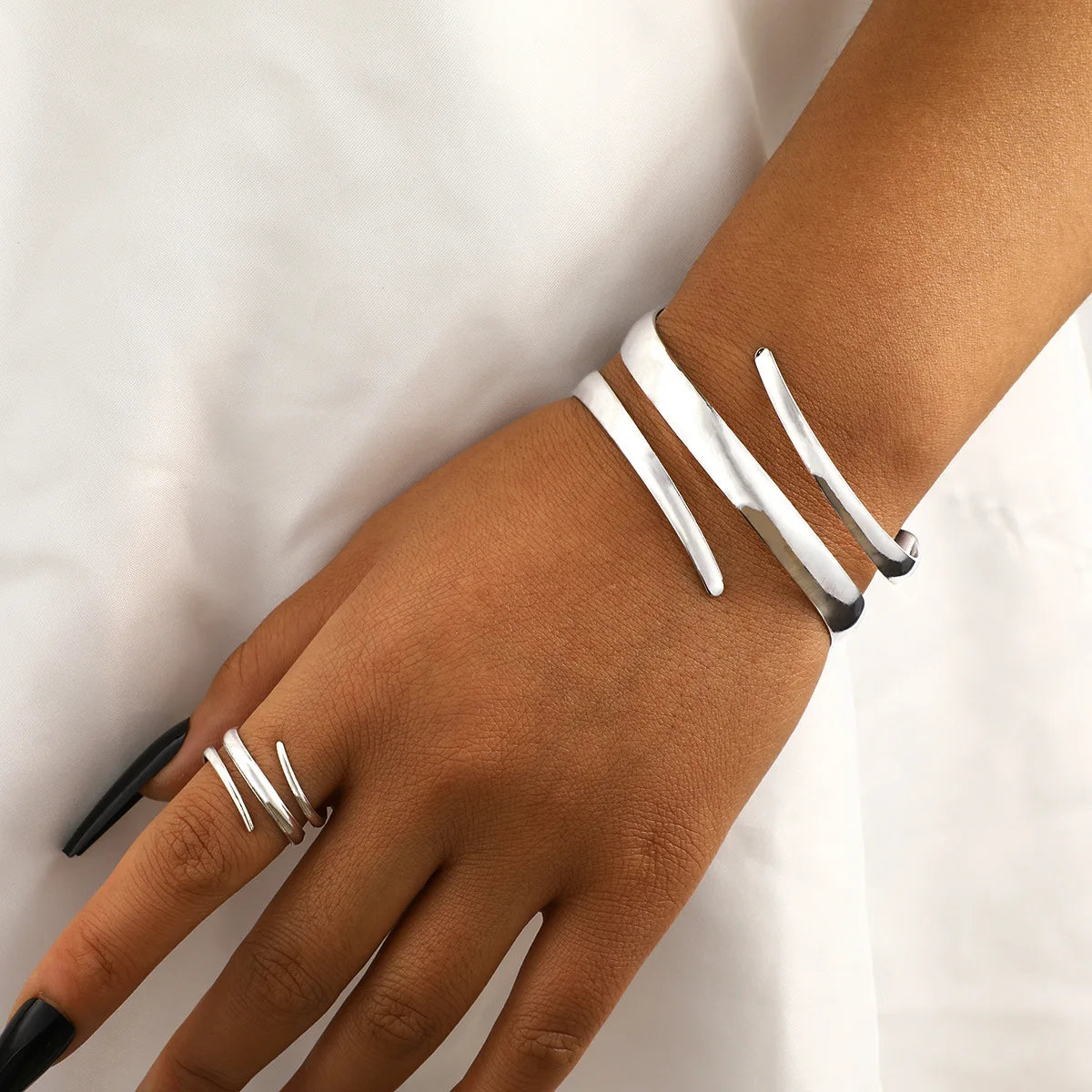 Fashion Metal Open Bracelet & Ring Set For Women Gold Silver Color Smooth Bangle Rings Elegant Jewelry Accessories