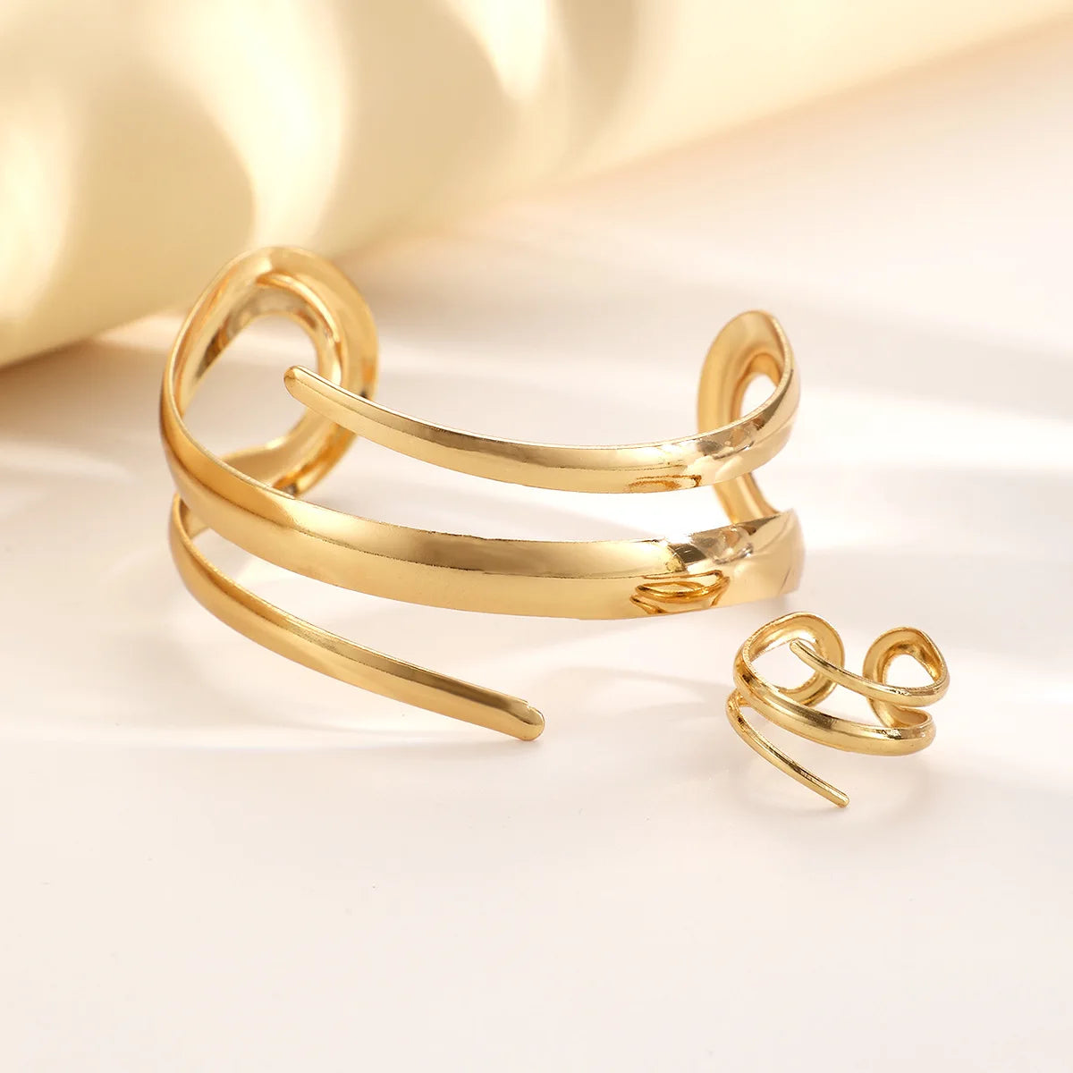 Fashion Metal Open Bracelet & Ring Set For Women Gold Silver Color Smooth Bangle Rings Elegant Jewelry Accessories