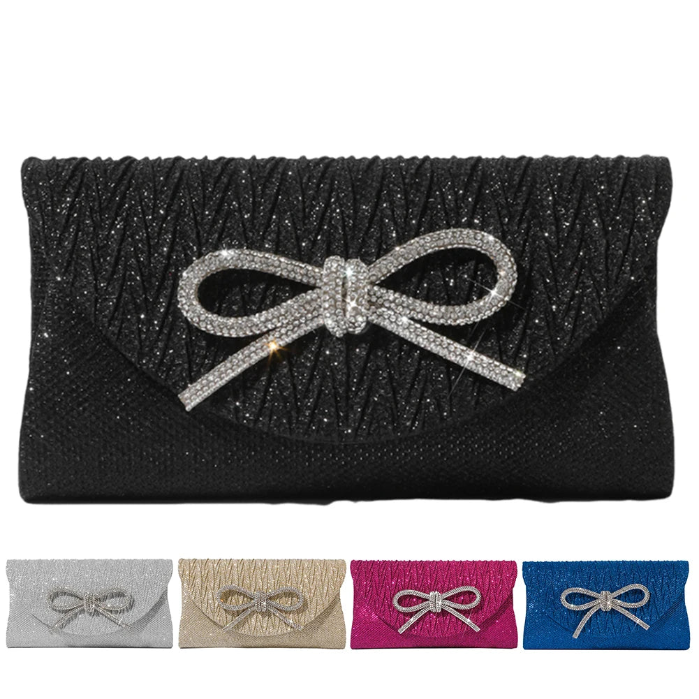 Women Elegant Evening Handbag Shiny Crystal Bow Flap Clutch Purse Envelope Dinner Evening Clutch Bags Wedding Party Prom Purse
