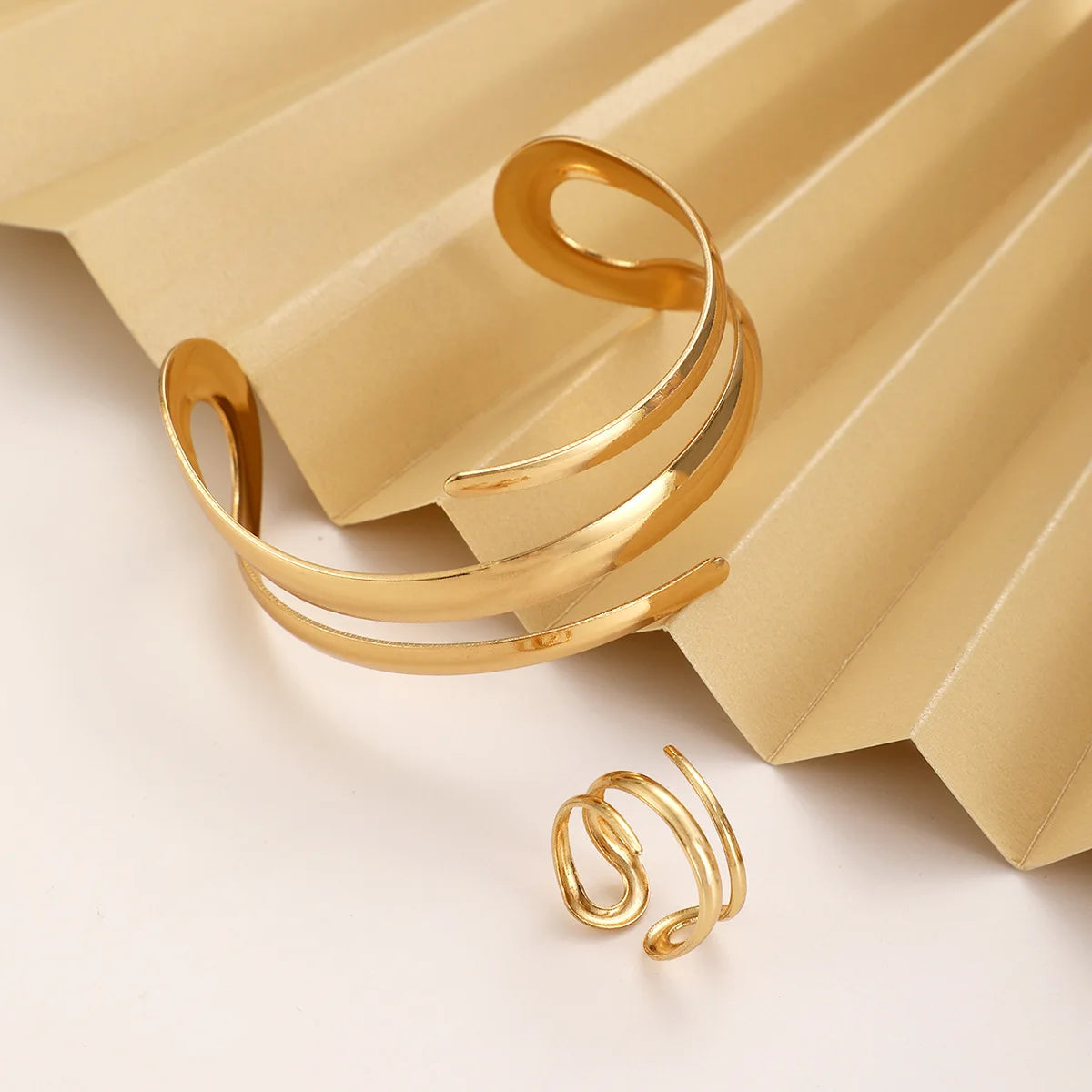 Fashion Metal Open Bracelet & Ring Set For Women Gold Silver Color Smooth Bangle Rings Elegant Jewelry Accessories