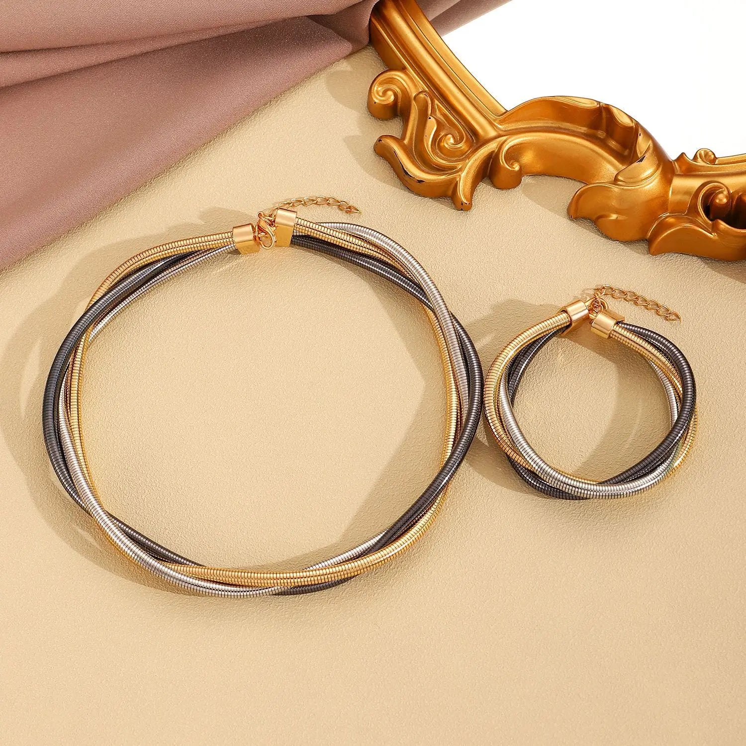 DIEZI Exaggerated Snake Chain Necklace Bracelet Set For Women Punk Geometric Gold Silver Color Metal Punk Hip Hop Jewelry Set