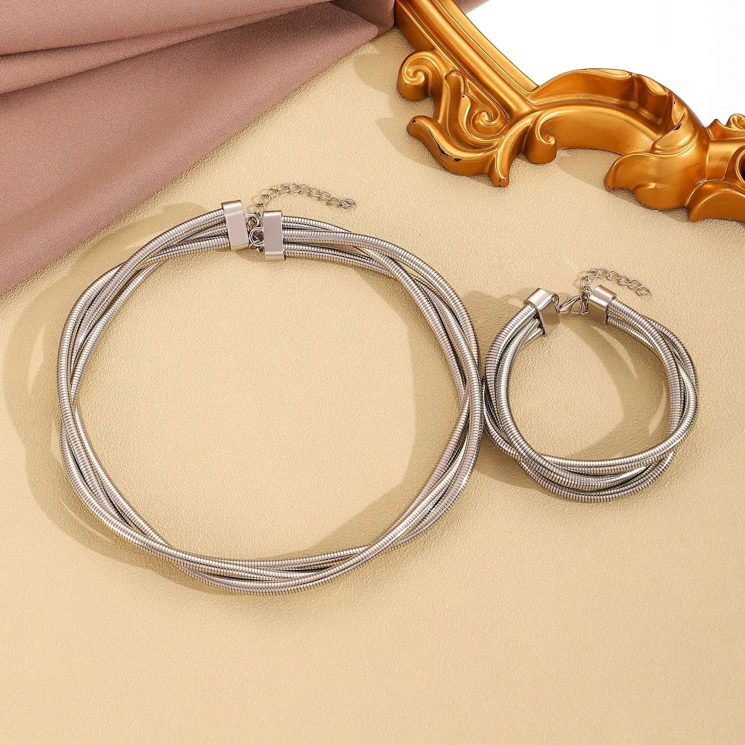 DIEZI Exaggerated Snake Chain Necklace Bracelet Set For Women Punk Geometric Gold Silver Color Metal Punk Hip Hop Jewelry Set