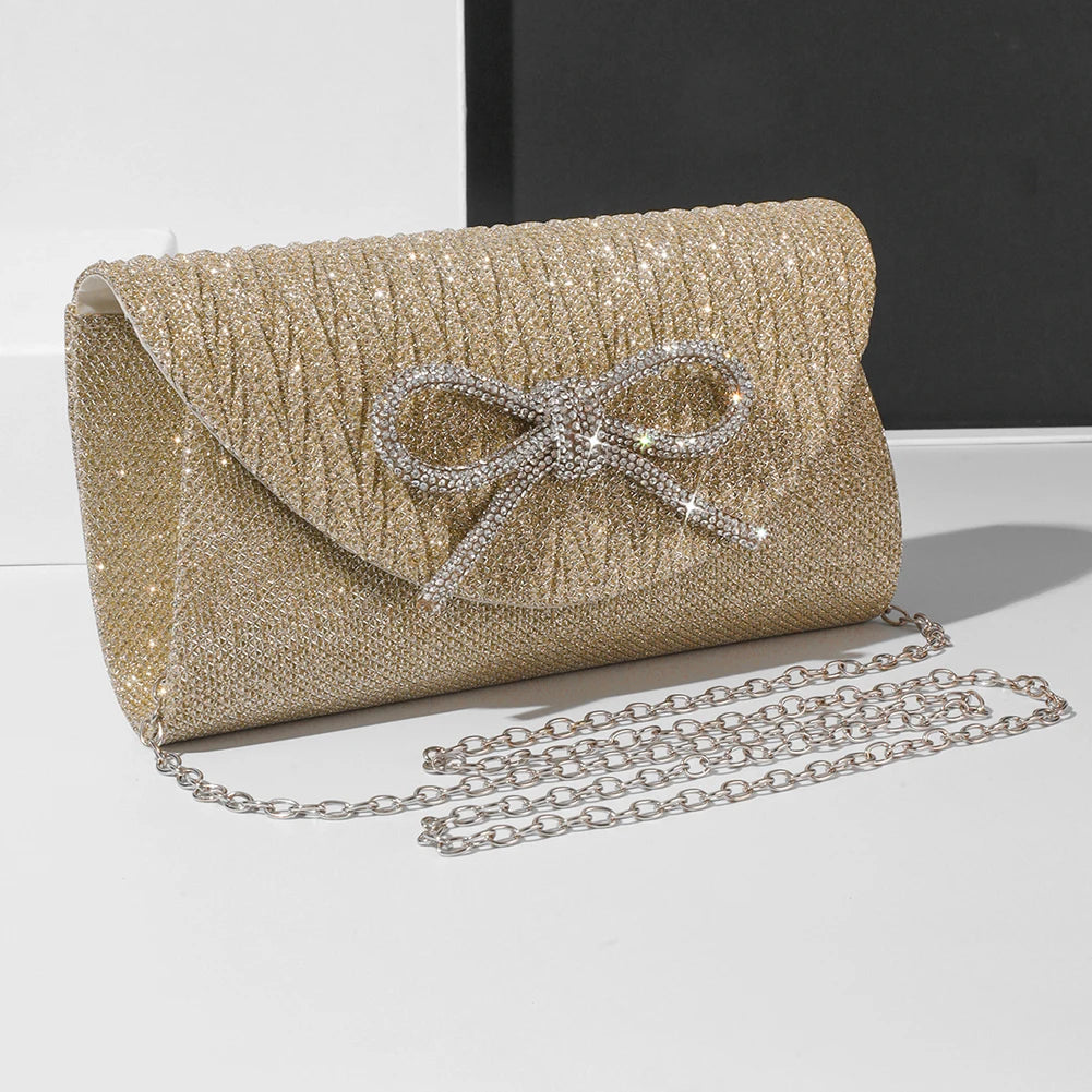 Women Elegant Evening Handbag Shiny Crystal Bow Flap Clutch Purse Envelope Dinner Evening Clutch Bags Wedding Party Prom Purse