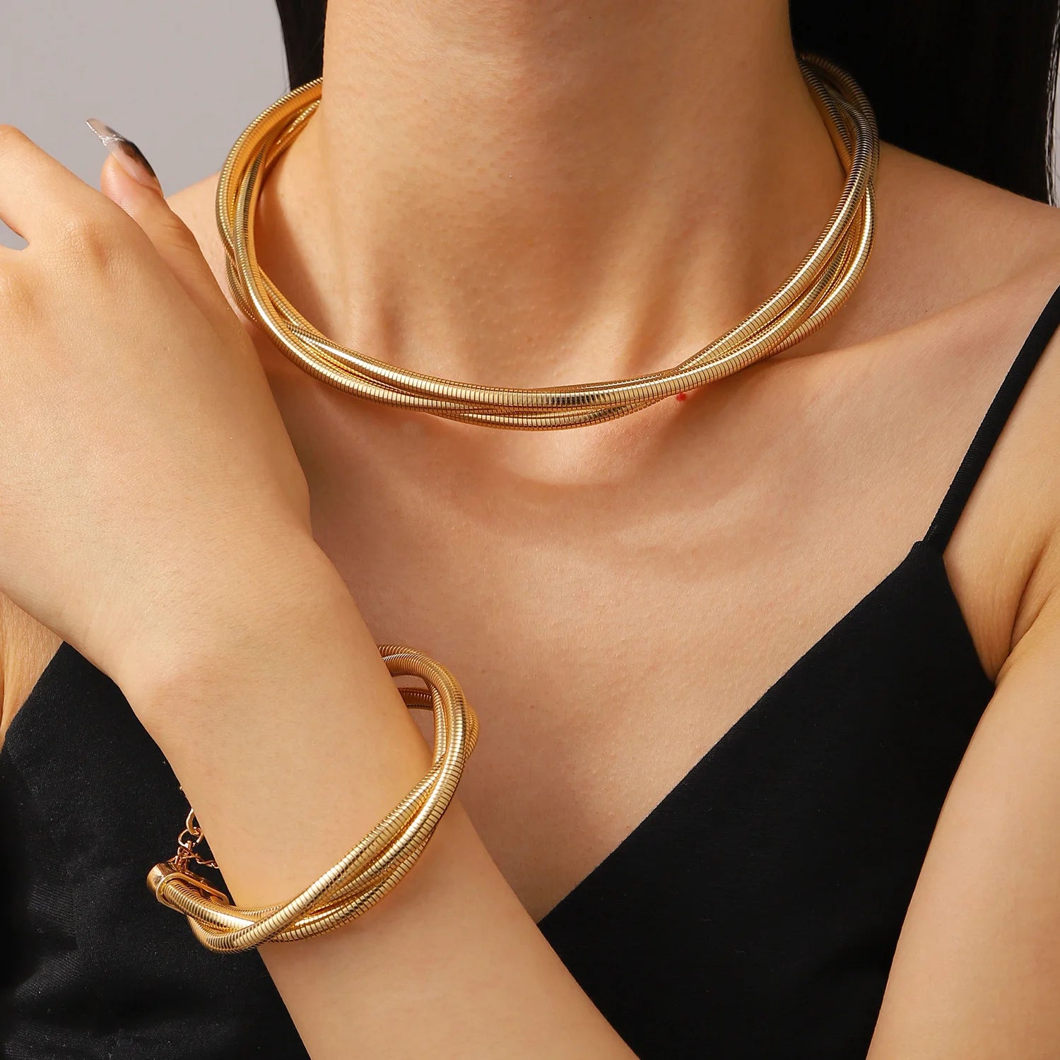 DIEZI Exaggerated Snake Chain Necklace Bracelet Set For Women Punk Geometric Gold Silver Color Metal Punk Hip Hop Jewelry Set