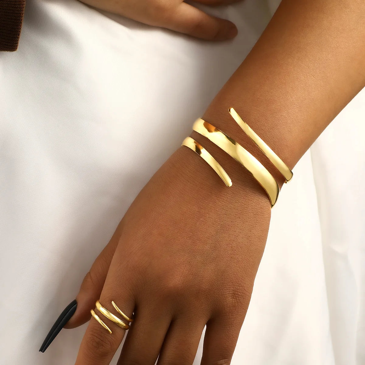Fashion Metal Open Bracelet & Ring Set For Women Gold Silver Color Smooth Bangle Rings Elegant Jewelry Accessories