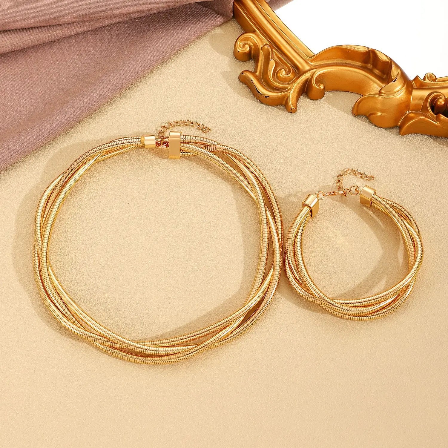 DIEZI Exaggerated Snake Chain Necklace Bracelet Set For Women Punk Geometric Gold Silver Color Metal Punk Hip Hop Jewelry Set