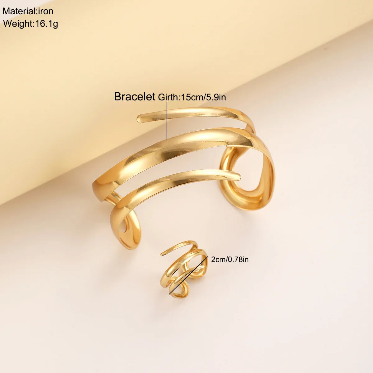 Fashion Metal Open Bracelet & Ring Set For Women Gold Silver Color Smooth Bangle Rings Elegant Jewelry Accessories