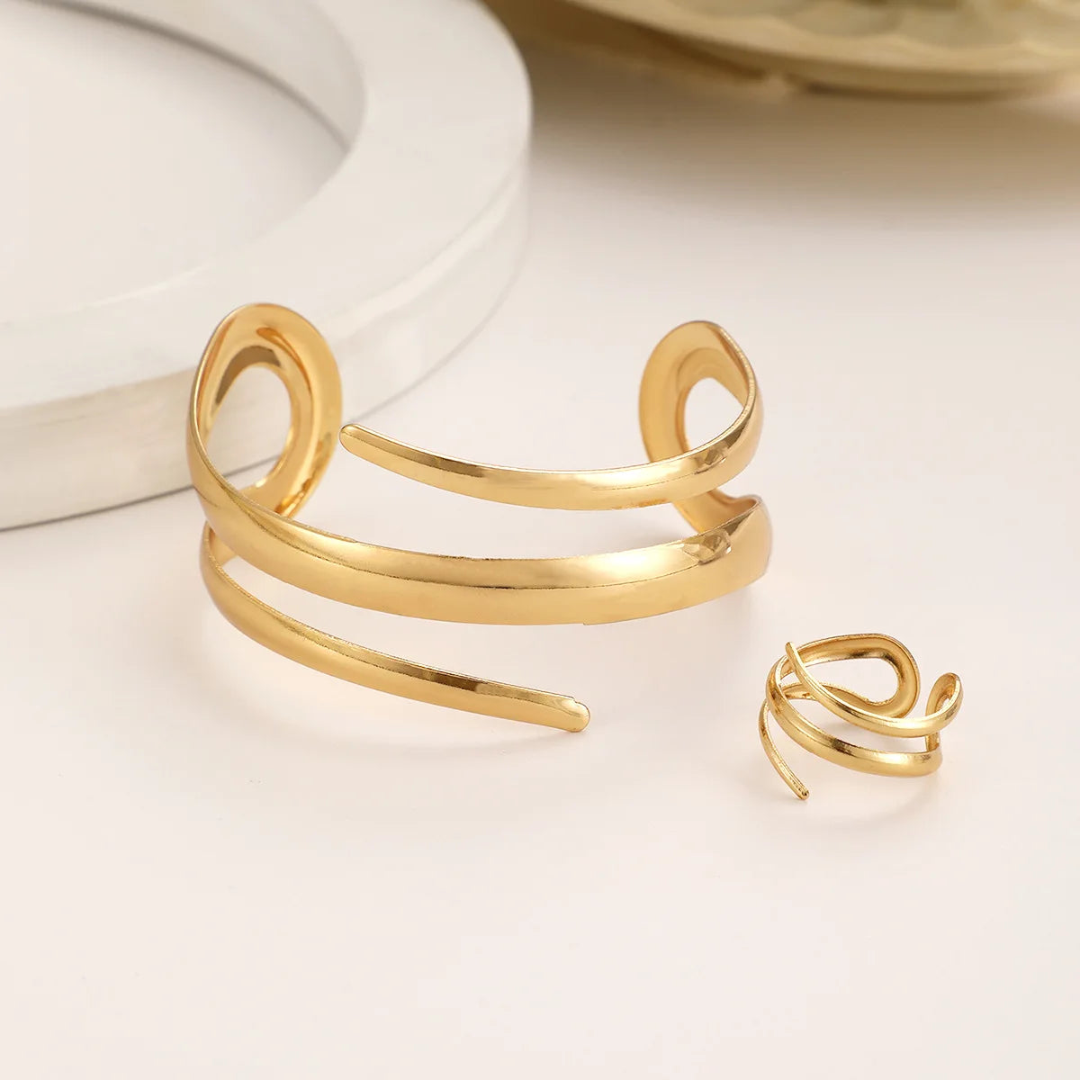 Fashion Metal Open Bracelet & Ring Set For Women Gold Silver Color Smooth Bangle Rings Elegant Jewelry Accessories