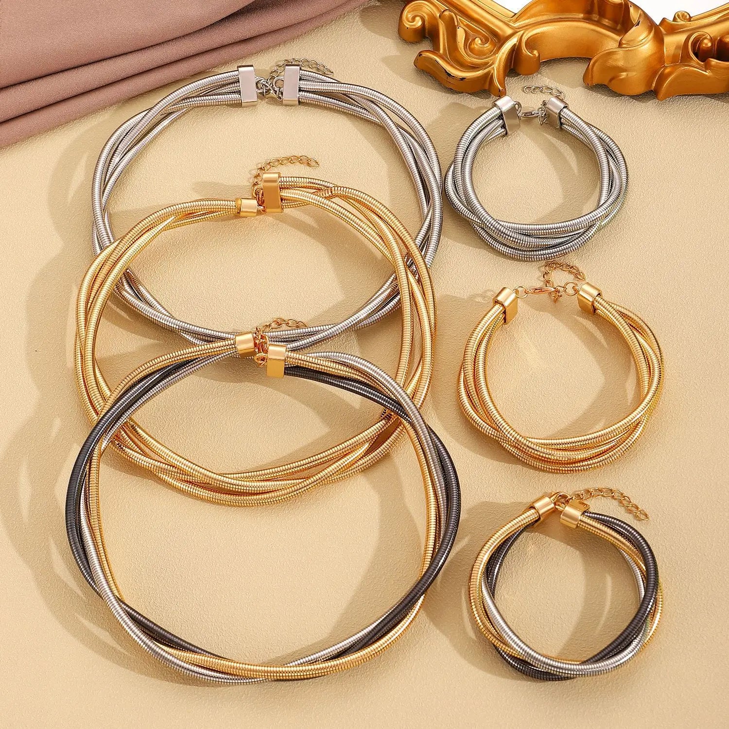 DIEZI Exaggerated Snake Chain Necklace Bracelet Set For Women Punk Geometric Gold Silver Color Metal Punk Hip Hop Jewelry Set