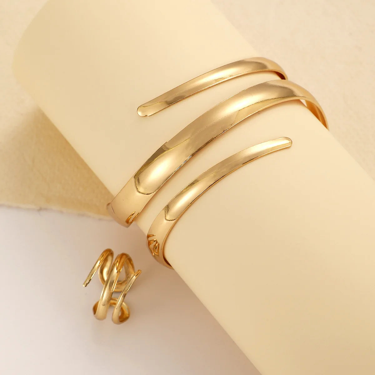 Fashion Metal Open Bracelet & Ring Set For Women Gold Silver Color Smooth Bangle Rings Elegant Jewelry Accessories